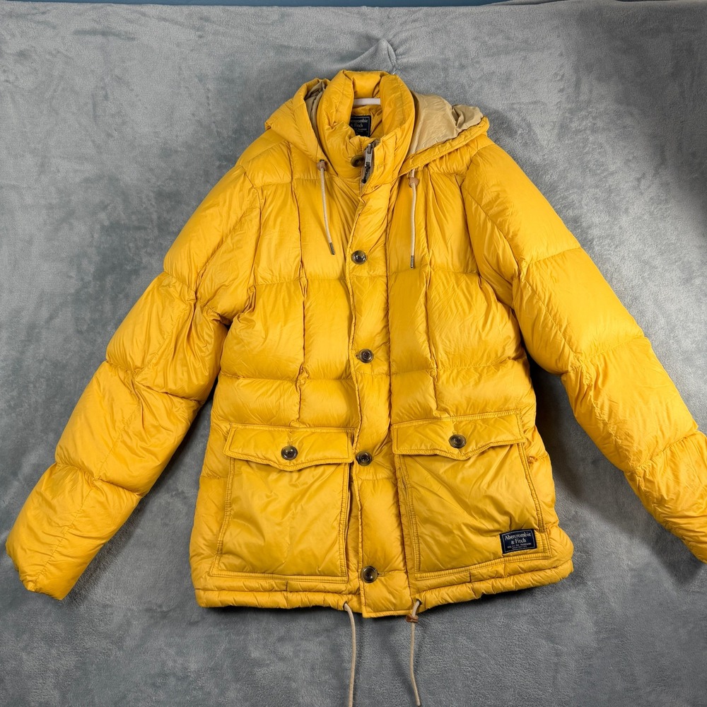 Abercrombie & Fitch Mens XL Yellow Puffer Jacket 600 Fill Down Hooded Gorpcore